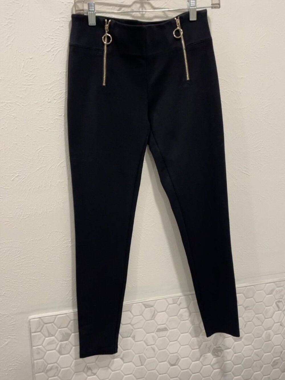 Ann Taylor Black Ponte Skinny Pants Gold Zip Pockets Size S